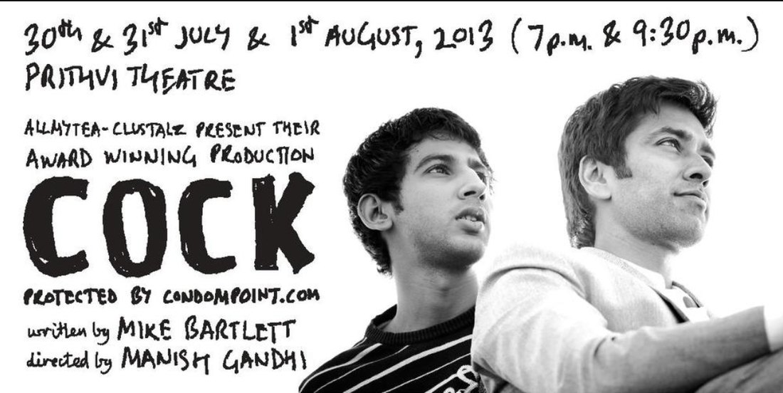 Poster for the 2013 Prithvi Theatre production of COCK, credited: Protected by CondomPoint.com